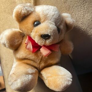 Vintage Adorable Tan Teddy Bear with Red Bow